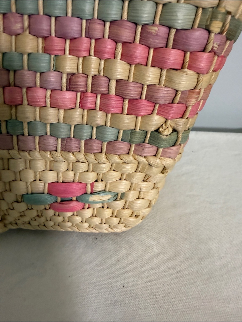 Vintage Straw Tote Market Bag Woven Pastel Pink Blue Purple Diamond Pattern - Picture 11 of 16